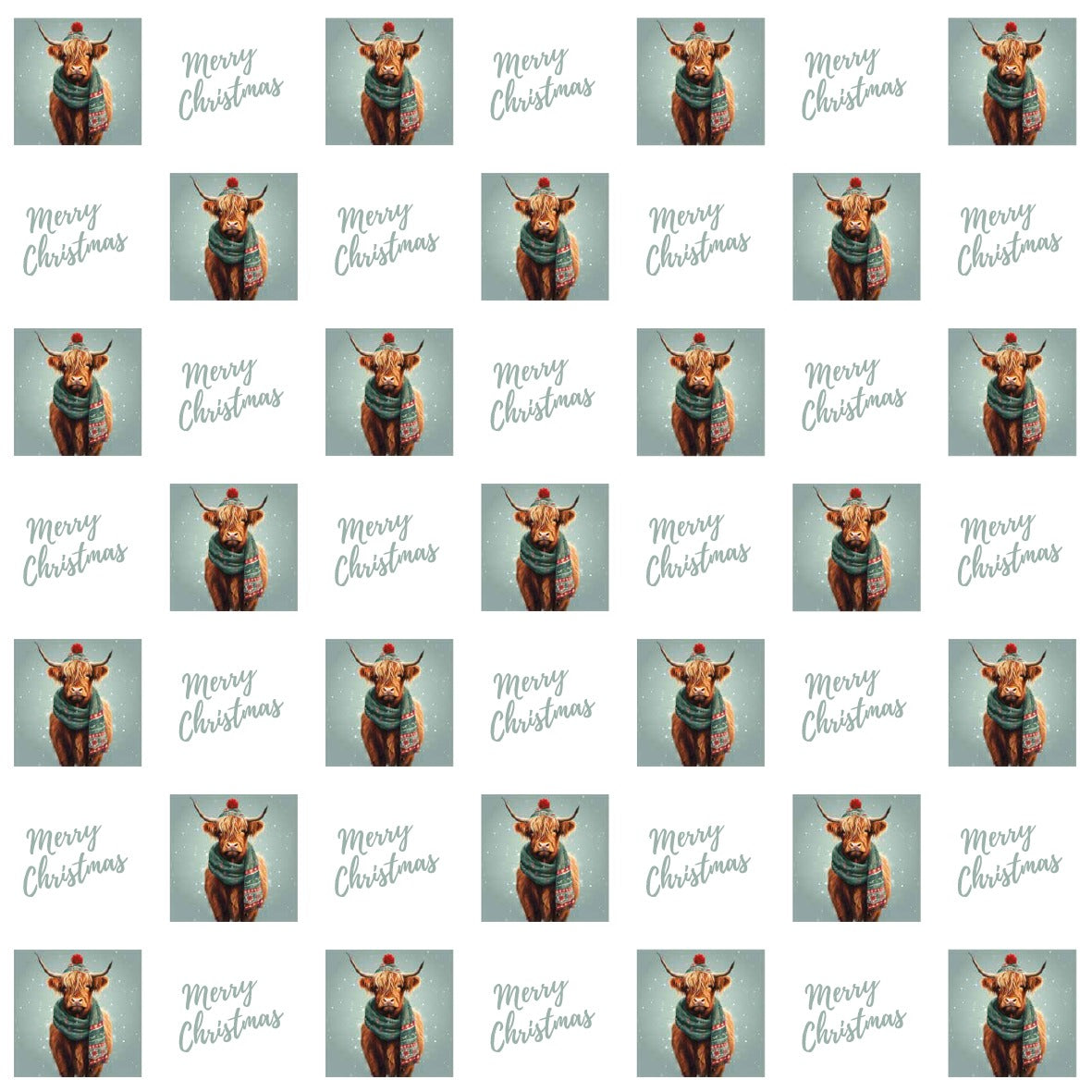 Christmas Cow Wrapping paper with Merry Christmas beside, repeating in pattern