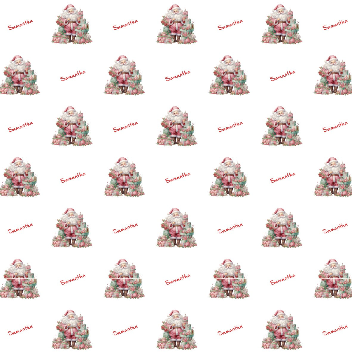 Santa with gifts wrapping paper with customizable name beside, Repeating pattern.