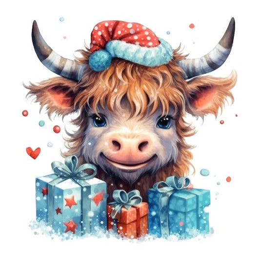 Christmas Card of Highland Cow with santa hat and 3 gifts infront of it
