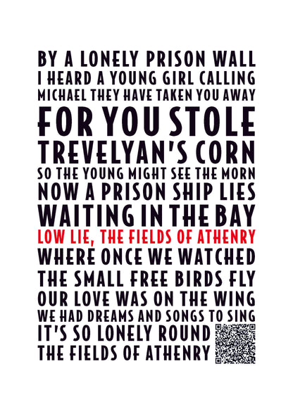 Fields of Athenry Lyric Print | Fields of Athenry Song Poster | A4/A3/A2/A1