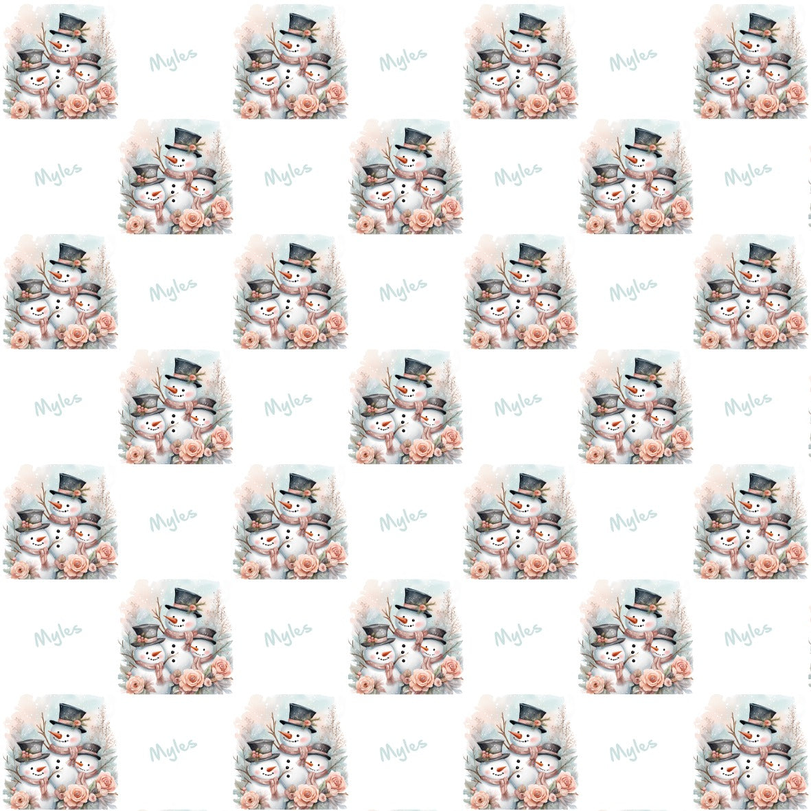 Snowman Wrapping paper with customizable name beside, a group of 3 snowmen in image as a family of snowmen. Repeating Pattern