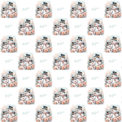 Snowman Wrapping paper with customizable name beside, a group of 3 snowmen in image as a family of snowmen. Repeating Pattern