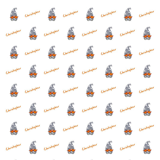 Christmas Gnome Wrapping paper in grey pajamas with customizable name beside, repeating in pattern