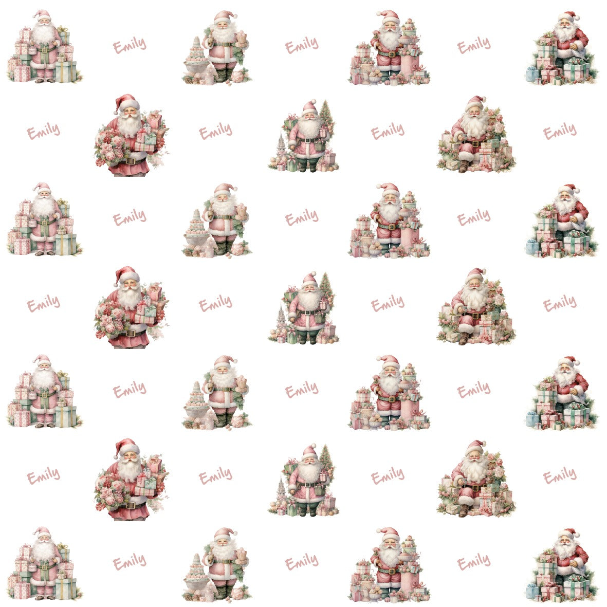 Santa with gifts wrapping paper with customizable name beside, Repeating pattern of 7 different Santa's in same style.