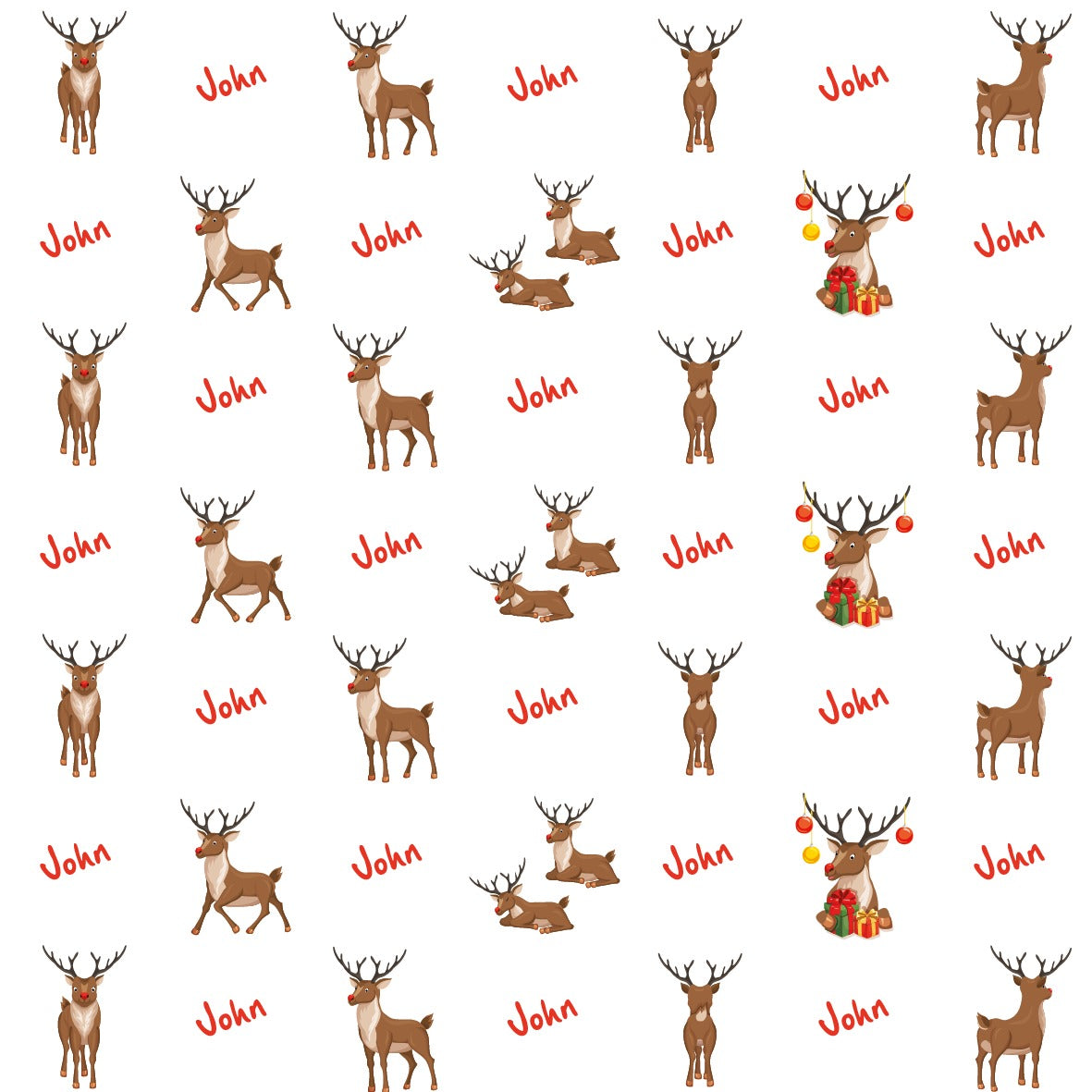 Christmas Reindeer  in multiple different poses with customizable name beside, Repeating Pattern