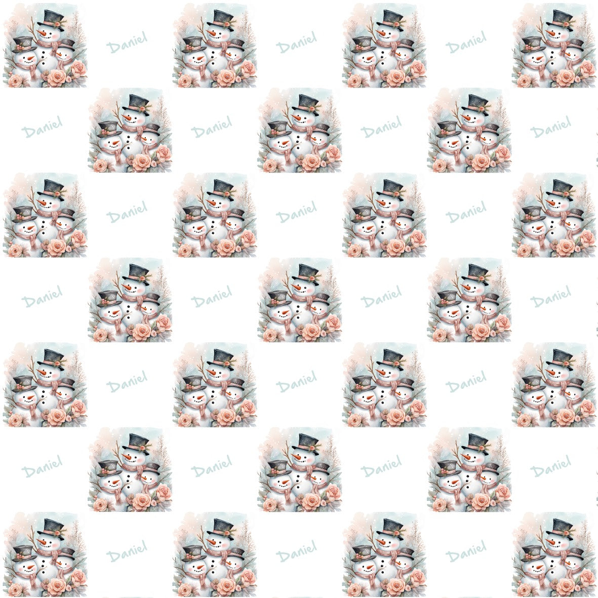 Snowman Wrapping paper with customizable name beside, a group of 3 snowmen in image as a family of snowmen. Repeating Pattern