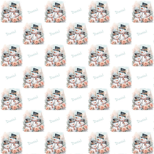 Snowman Wrapping paper with customizable name beside, a group of 3 snowmen in image as a family of snowmen. Repeating Pattern