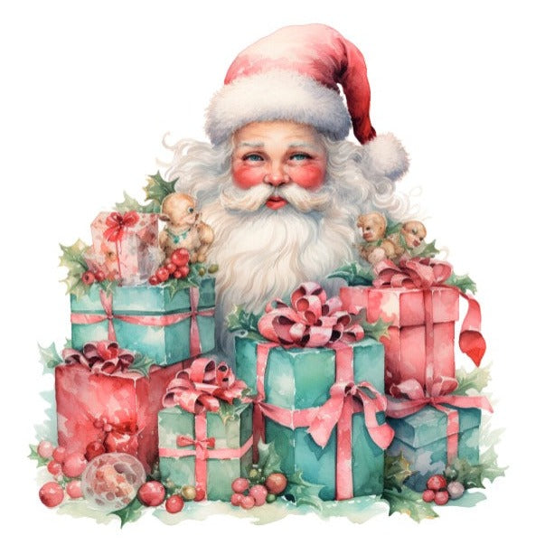 Christmas Card of Santa behind lots of gifts