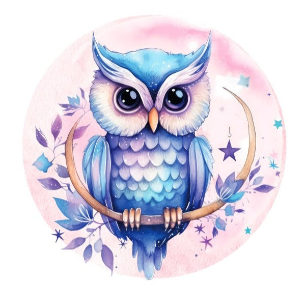 Standard Card of blue and pink feathered Owl sitting on curved tree branch