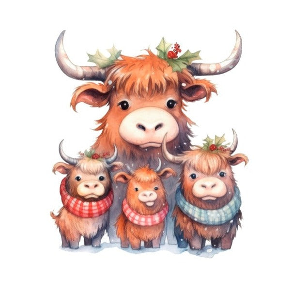 Christmas Card of Cow family with 1 adult cow and 3 baby cows