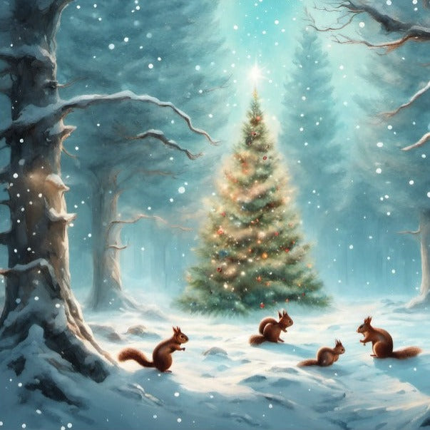 Christmas Card showing Christmas tree in forest with 4 squirrels