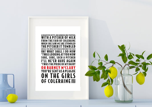 Kitty of Coleraine Lyric Print | Kitty of Coleraine Song Poster | A4/A3/A2/A1