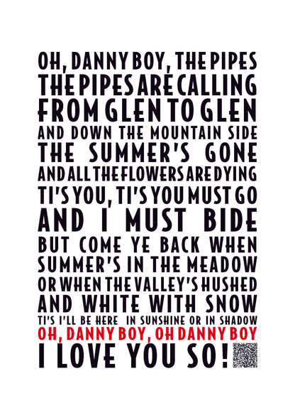 Danny Boy Lyric Print | Danny Boy Song Poster | A4/A3/A2/A1