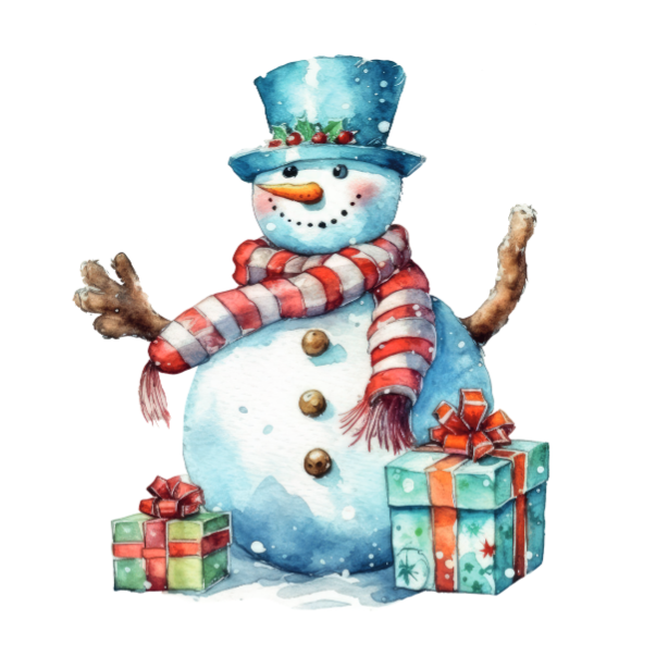 Christmas Card of Snowman with a couple of gifts infront